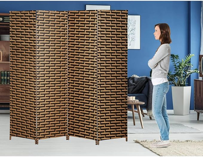 Foldable Hand-Woven Room Divider – 4 Panel Rattan Partition Screen, 200 x 180 cm – Privacy Separator for Bedroom, Office, Living Room, Hotel