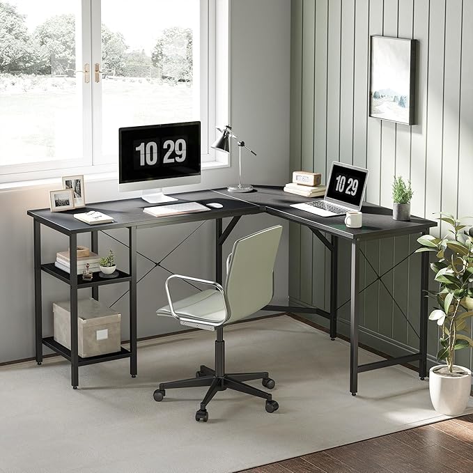 L Shaped Computer Desk, 150 cm Industrial Office Desk with Storage Shelves - Black