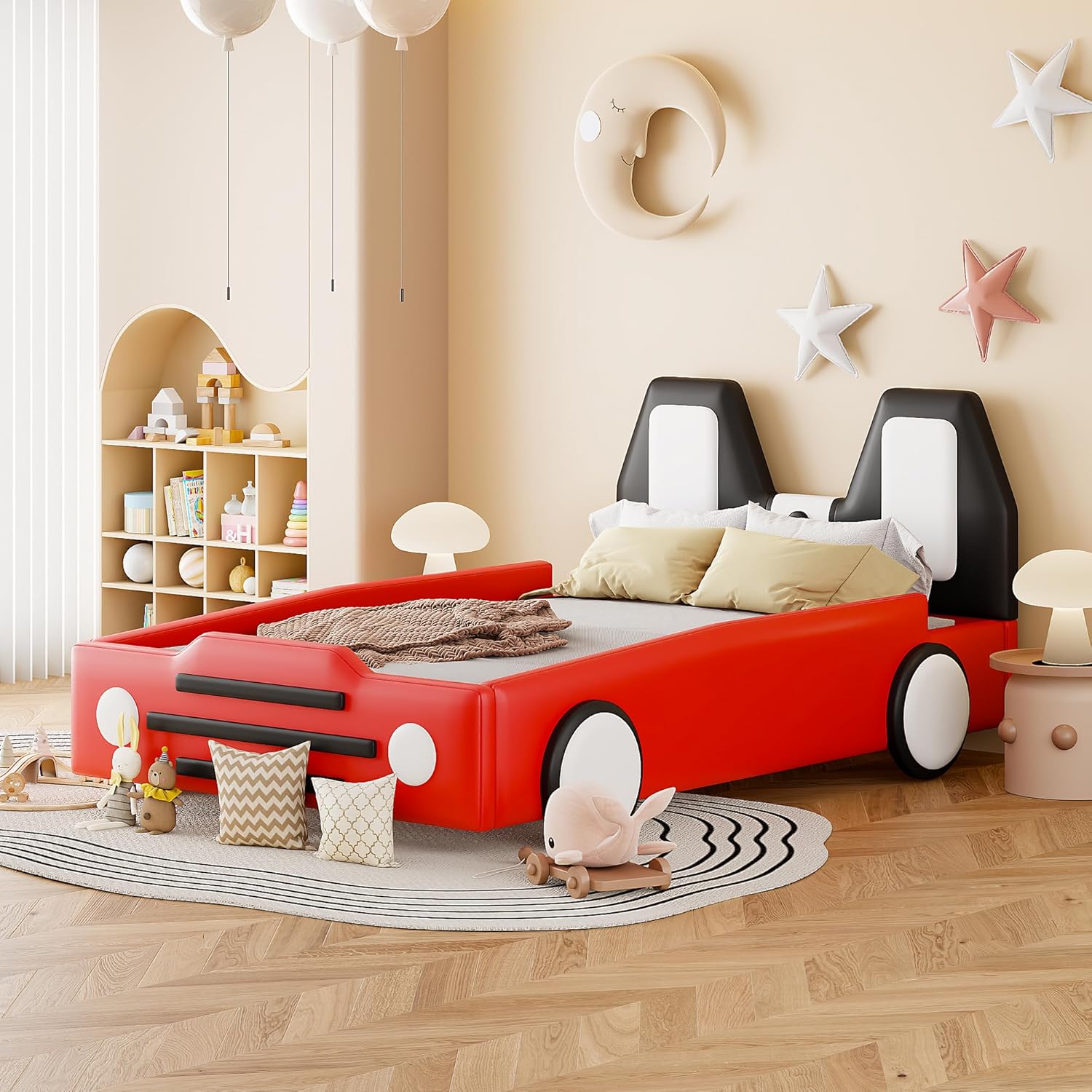 Twin Size Race kid Car Bed for Kids, PU Car-Shaped Bedframe with Wheels and Side Rails for Boys,Girls, Wood Slat Support, No Box Spring Needed,White