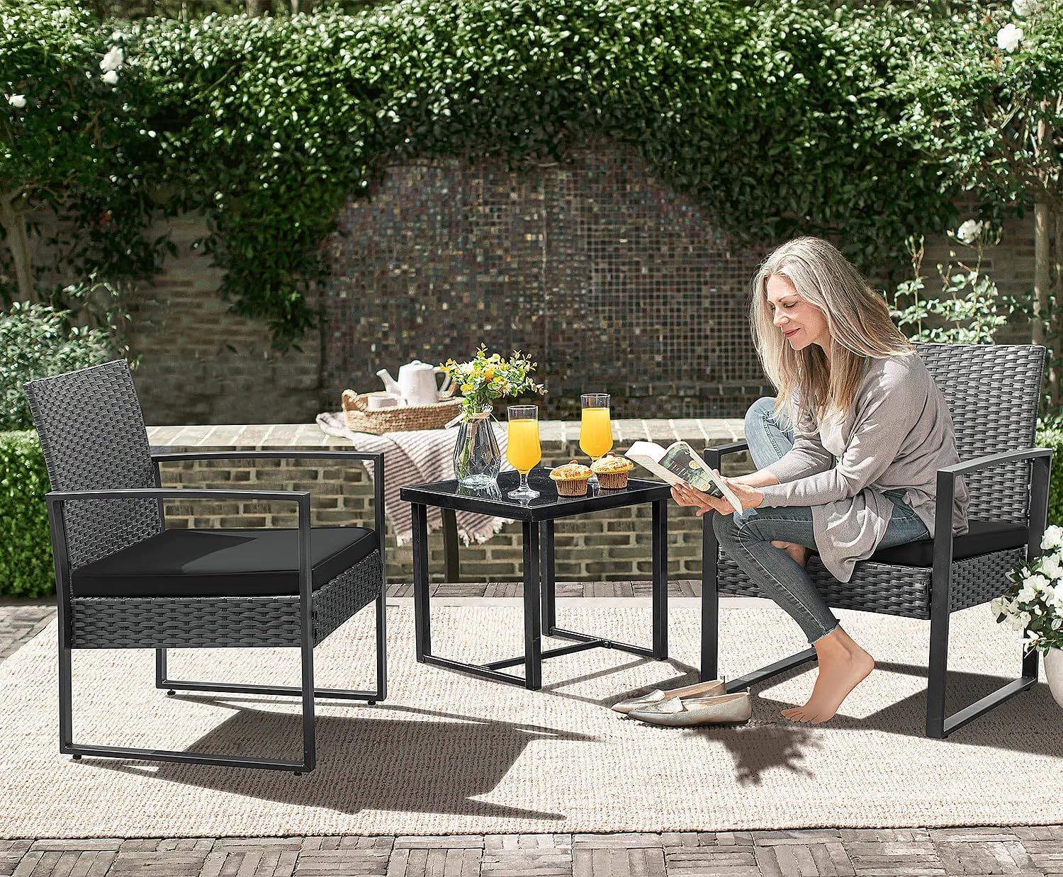 Anovara Outdoor Furniture 3 Pieces Balcony Garden Outdoor Furniture Set include 2 Rattan Chairs with Cushions and 1 Coffee Table
