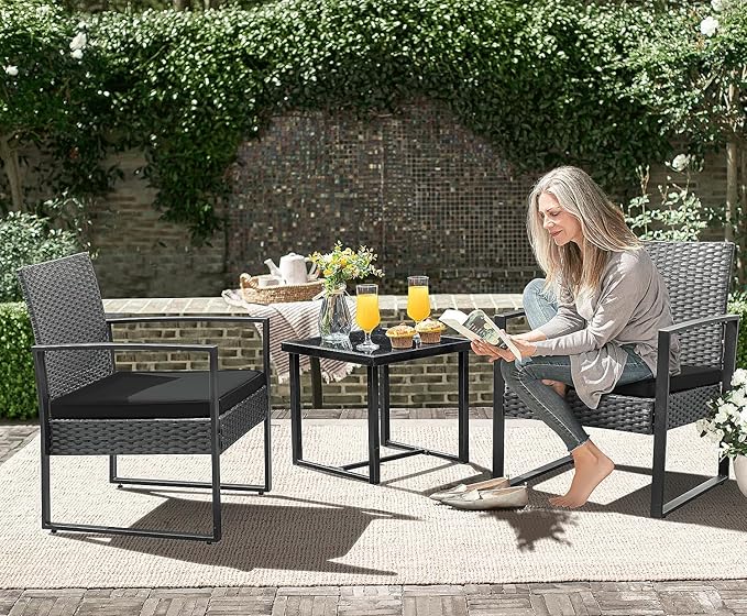 Outdoor Furniture Balcony Furniture 3 Pieces Garden Outdoor Furniture Set include 2 Rattan Chairs with Cushions and 1 Coffee Table-GCC Home Center