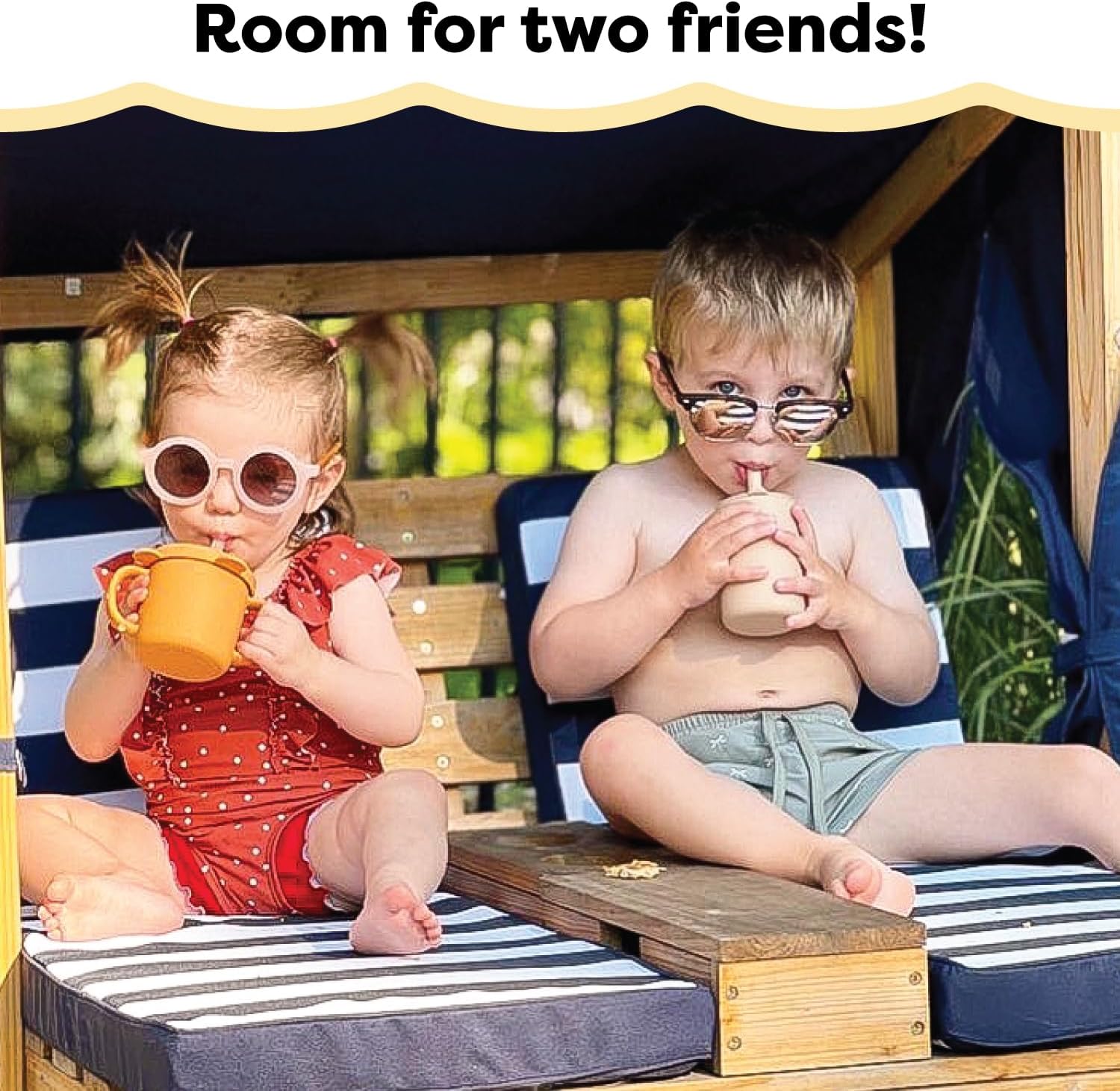 KidKraft Wooden Outdoor Double Chaise Lounge with Cup Holders, Kid's Patio Furniture, Honey Navy and White Striped Fabric, Gift for Ages 3-8