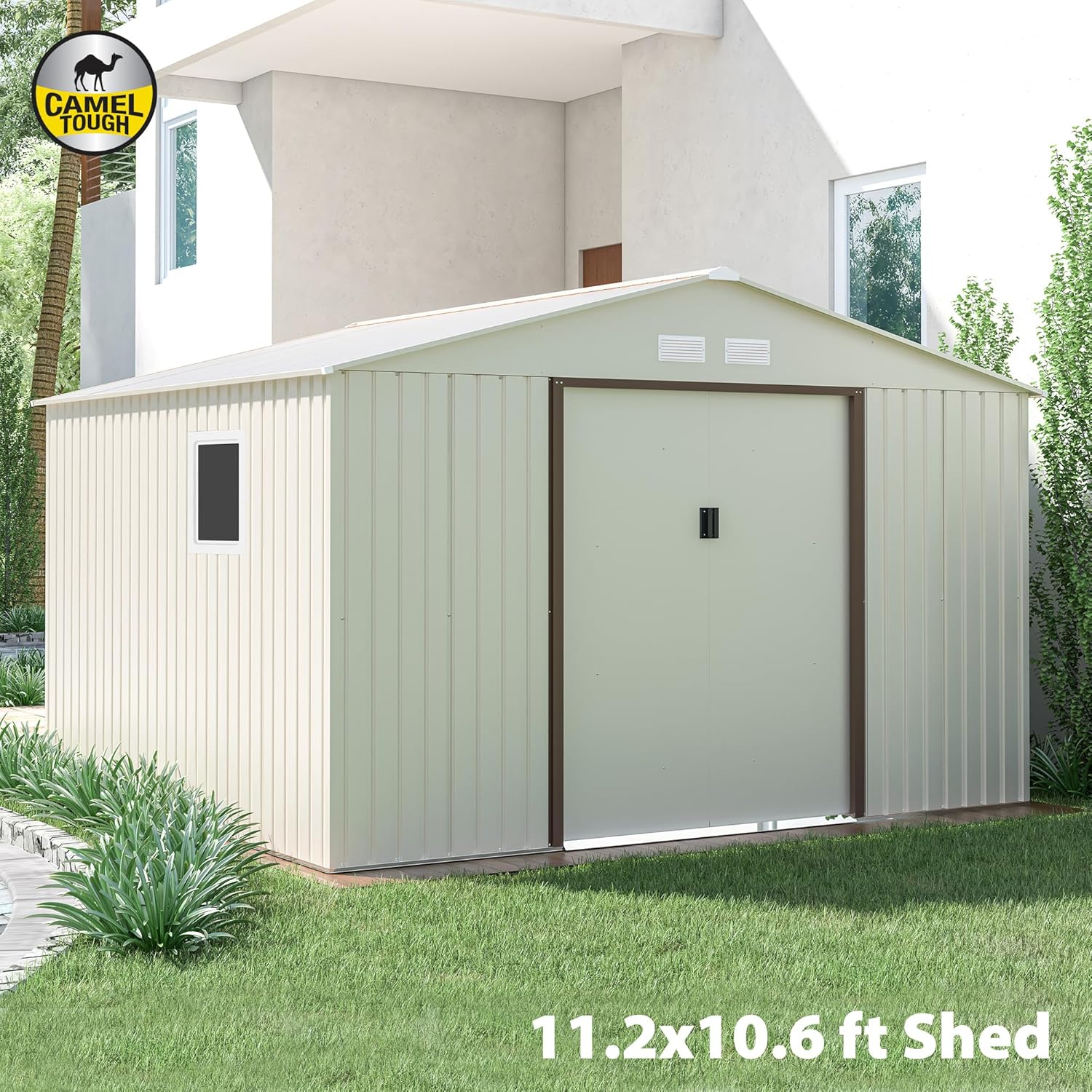 CamelTough Outdoor Metal Storage Shed, 11.2x10.6 feet, Garden Metal Shed. Perfect for Storing Patio Furniture, Garden Tools. Garage Organizer, Weather Resistant. With warranty. Beige, CT-644