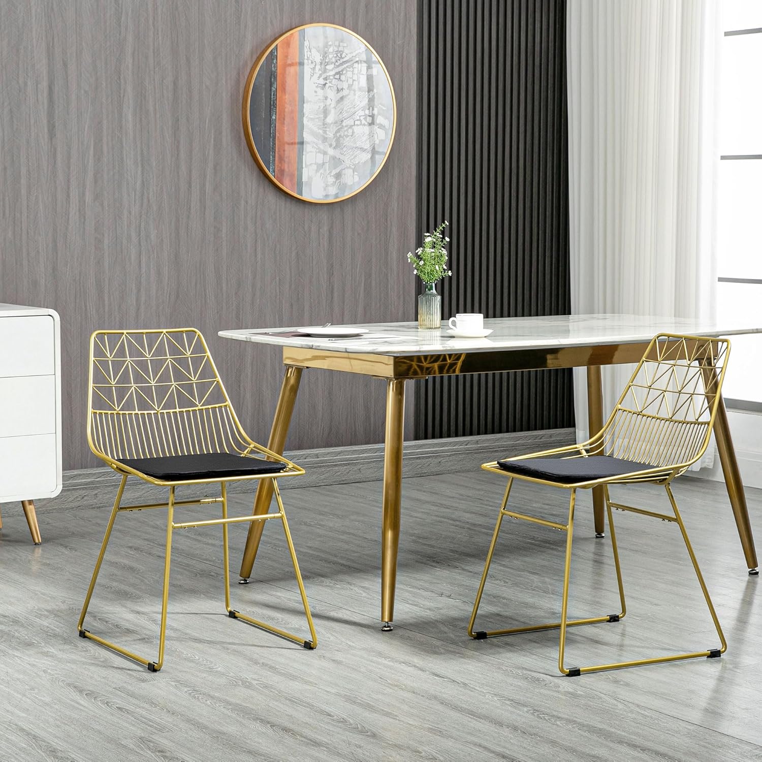 HOMCOM Luxurious Dining Chairs Set of 2, Metal Wire Kitchen Chair with Removable Velvet-feel Cushion, Cut-out Back and Steel Frame for Dining Room, Gold Tone