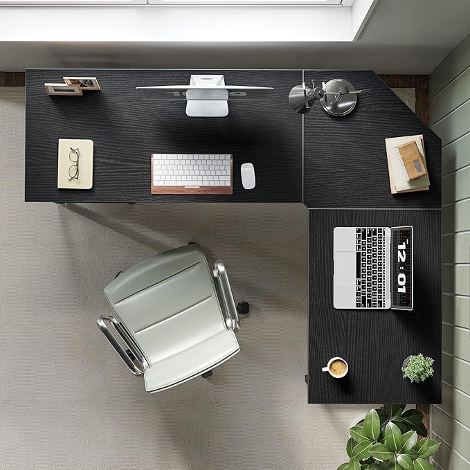 L Shaped Computer Desk, 150 cm Industrial Office Desk with Storage Shelves - Black