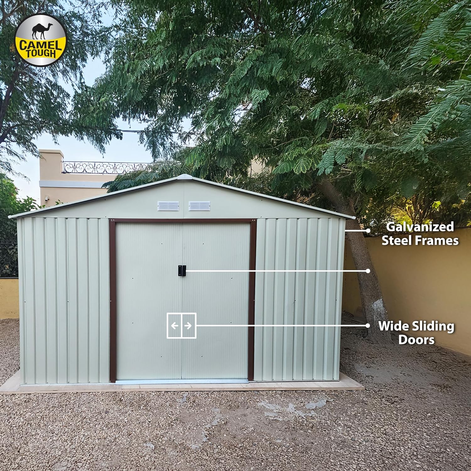 CamelTough Outdoor Metal Storage Shed, 11.2x10.6 feet, Garden Metal Shed. Perfect for Storing Patio Furniture, Garden Tools. Garage Organizer, Weather Resistant. With warranty. Beige, CT-644