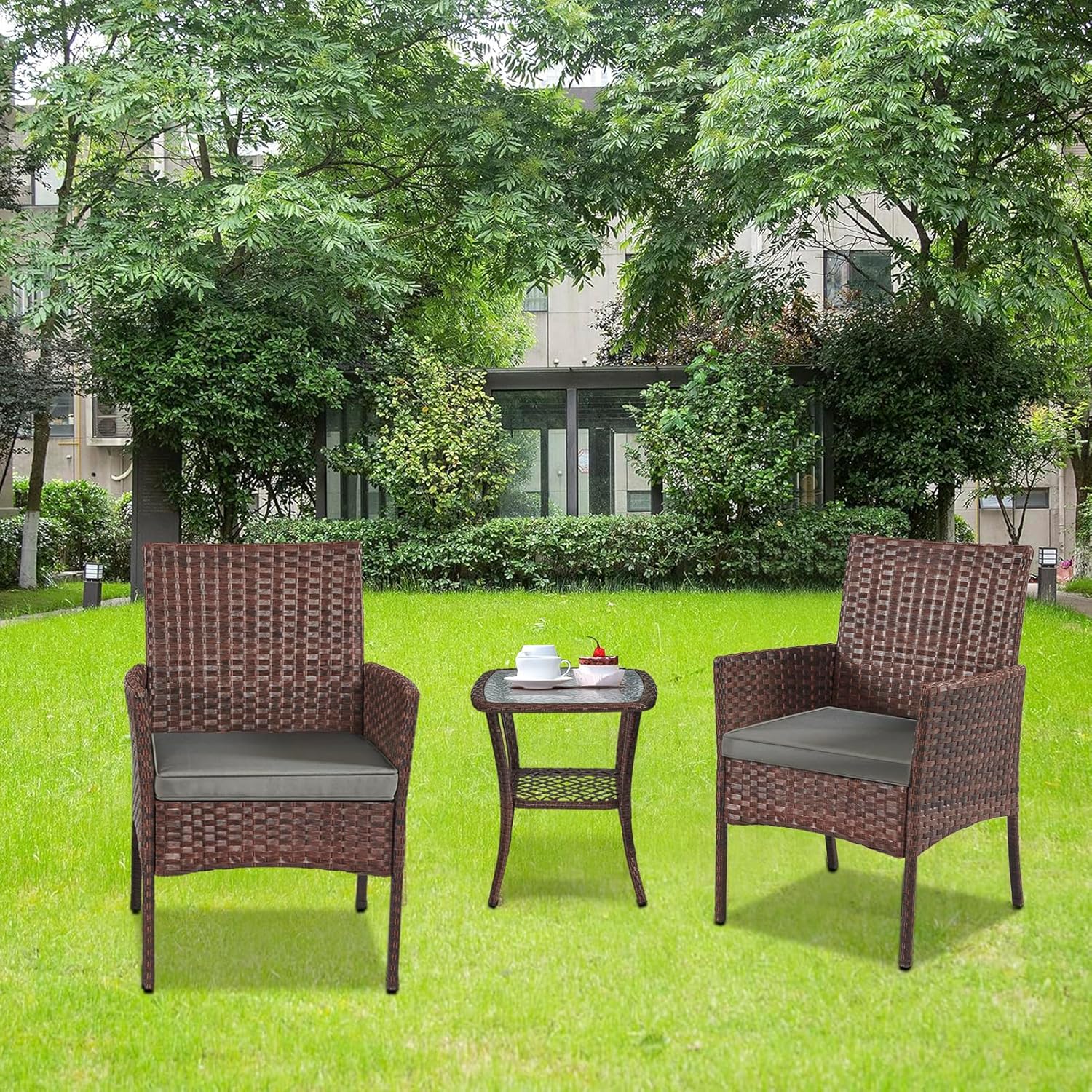 YIYAN Garden Furniture Set 3 Pieces Patio Rattan Wicker Chairs,Patio Porch Outdoor Furniture Set with Chairs, Coffee Table and Washable Cushions (Gray)