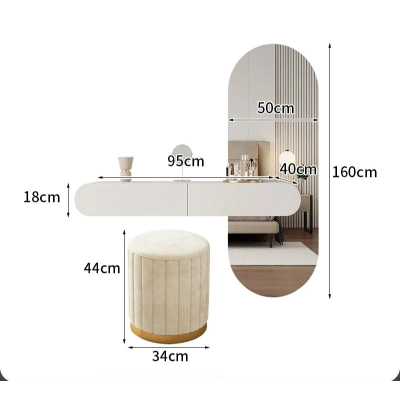 Modern Wall-Mounted Dressing Table with LED Oval Full-Length Mirror & 2 Storage Drawers | White Floating Vanity Set