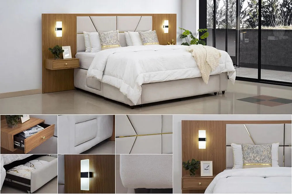 Elegant King Size Bed with Storage, Built-in lamp And Drawer