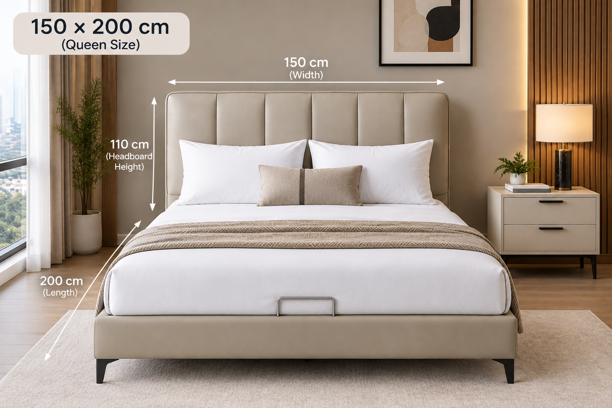 AP-34 Modern Upholstered Bed with Genuine Leather Headboard & PU Leather Frame – 150 × 200 cm / 180 × 200 cm