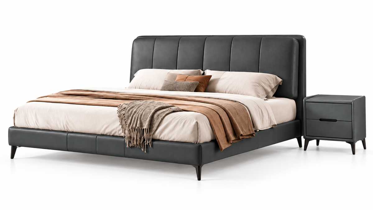 AP-33 Modern Genuine Leather Headboard Bed with PU Leather Frame – 150 × 200 cm & 180 × 200 cm