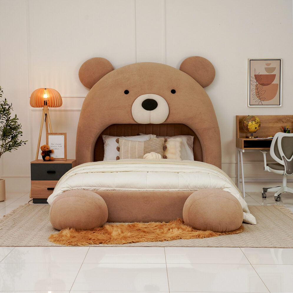 Teddy Kids Upholstered Bed – Modern Fabric Bed with Pouffe