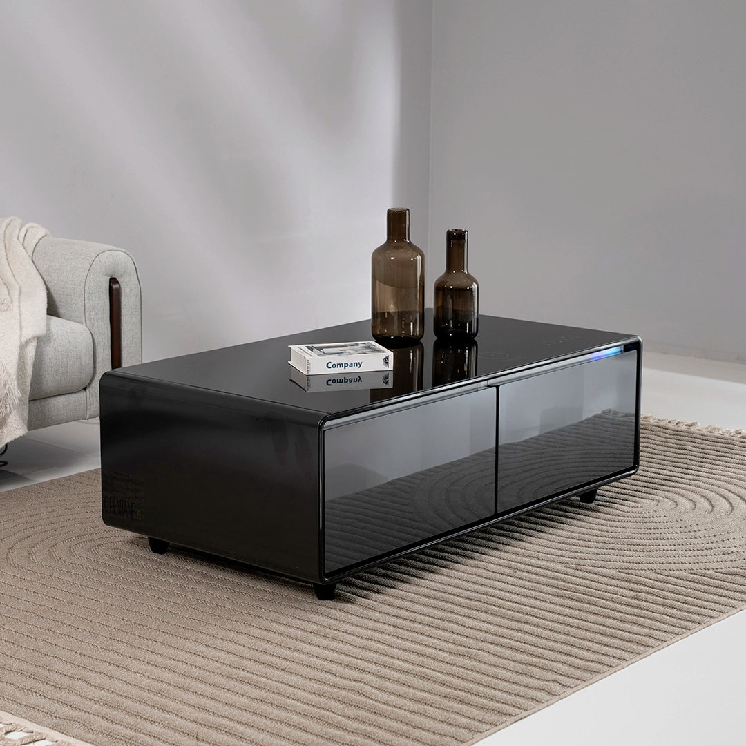 Smart Coffee Table with Built-in Fridge, Wireless Charging & Bluetooth Speaker – Wooden/Brown Finish