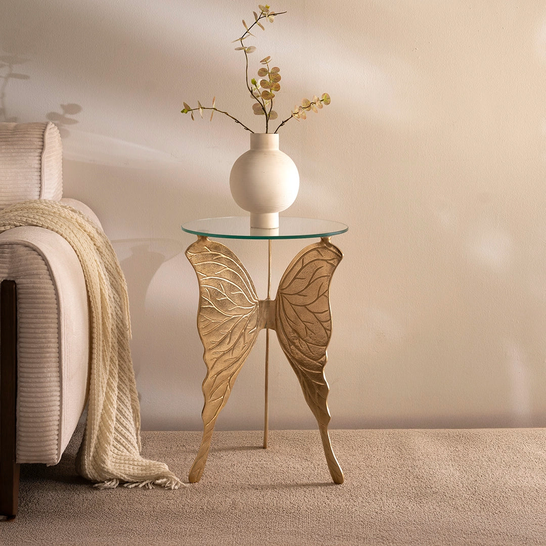 Butterfly Accent Table – Gold | Artistic Glass & Aluminum (40x40x61 cm)