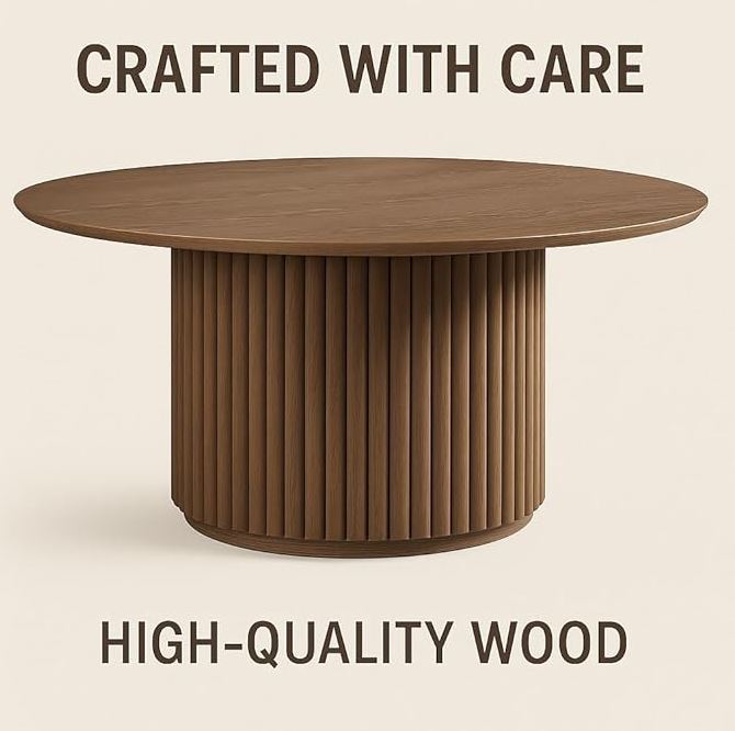 Modern Round Wooden Dining Table - 110 cm - Wood Top with Sturdy Base, Seats 6 Person