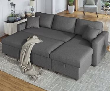 3 Seater Sofa Bed With Cushions, L-Shaped with Storage (Grey, 210x160x95 cm)