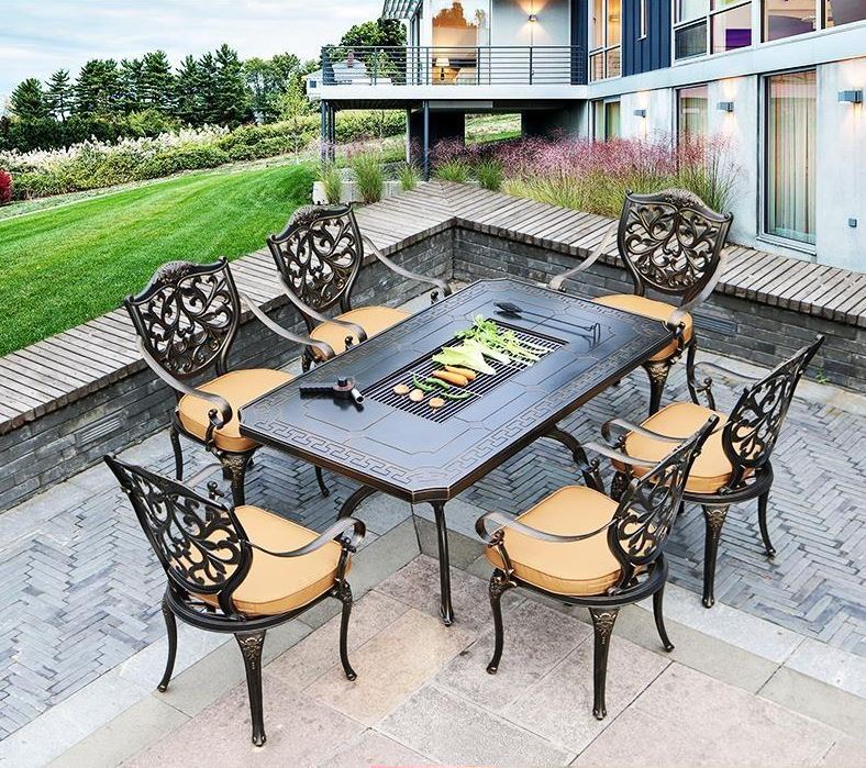 Outdoor Cast Aluminum Multi-functional Barbecue Table & Chair Five-Piece Set