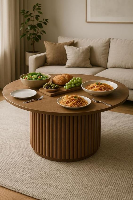 Modern Round Wooden Dining Table - 110 cm - Wood Top with Sturdy Base, Seats 6 Person