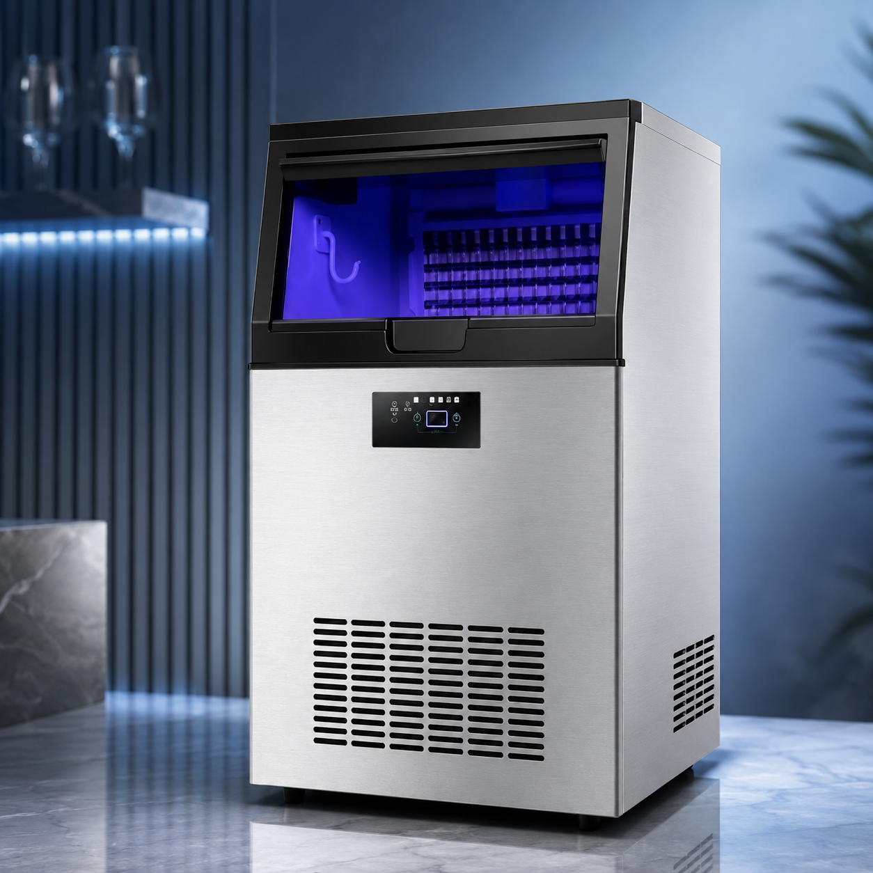 Integrated Ice Maker Machine, 100-110KGS/24H Stainless Steel Under Counter ice Machine with 15KGS Ice Storage Capacity, Freestanding Ice Maker