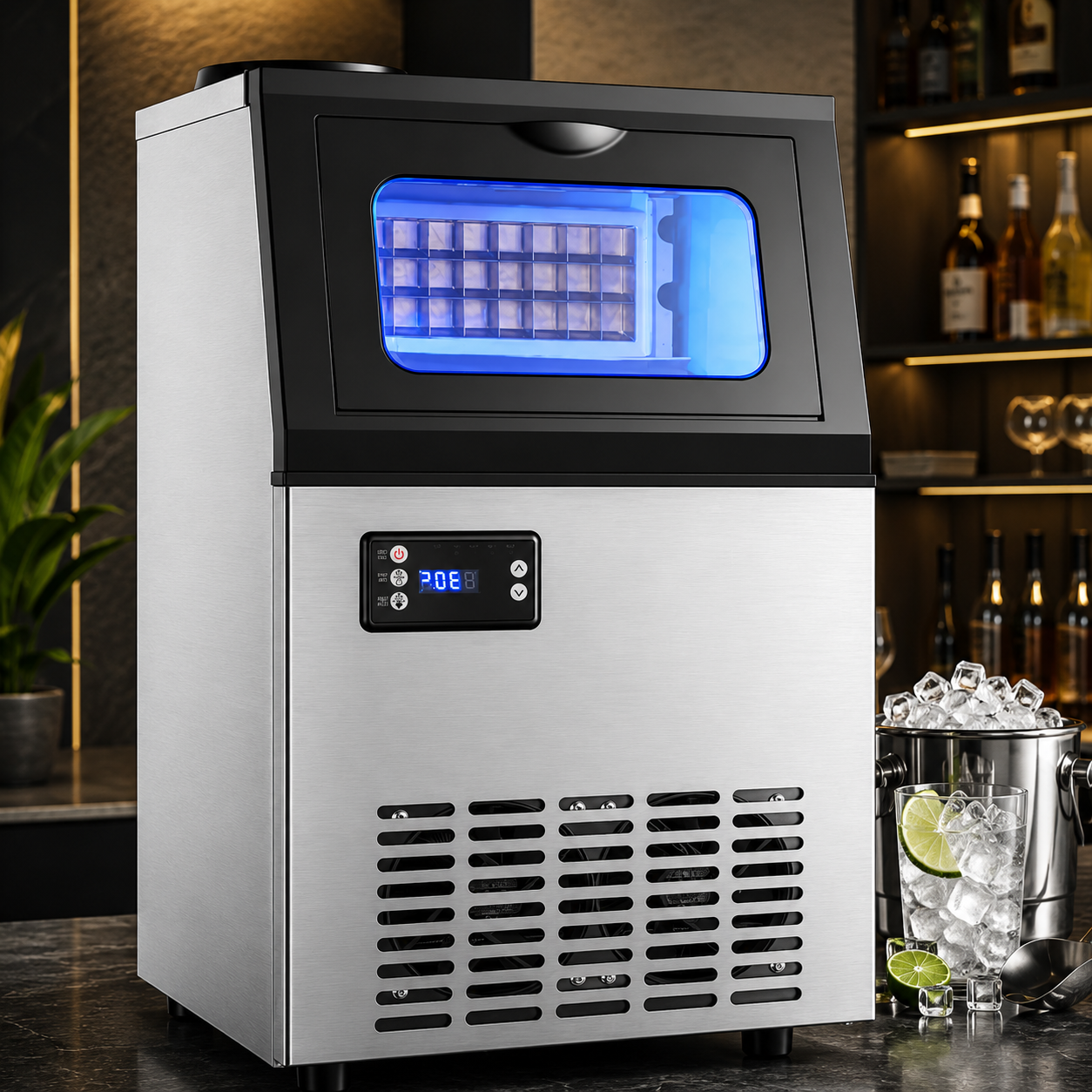 Tap Water Ice Maker Machine, 60KG/24H Stainless Steel Under Counter ice Machine with 17.6lbs Ice Storage Capacity, Freestanding Ice Maker.