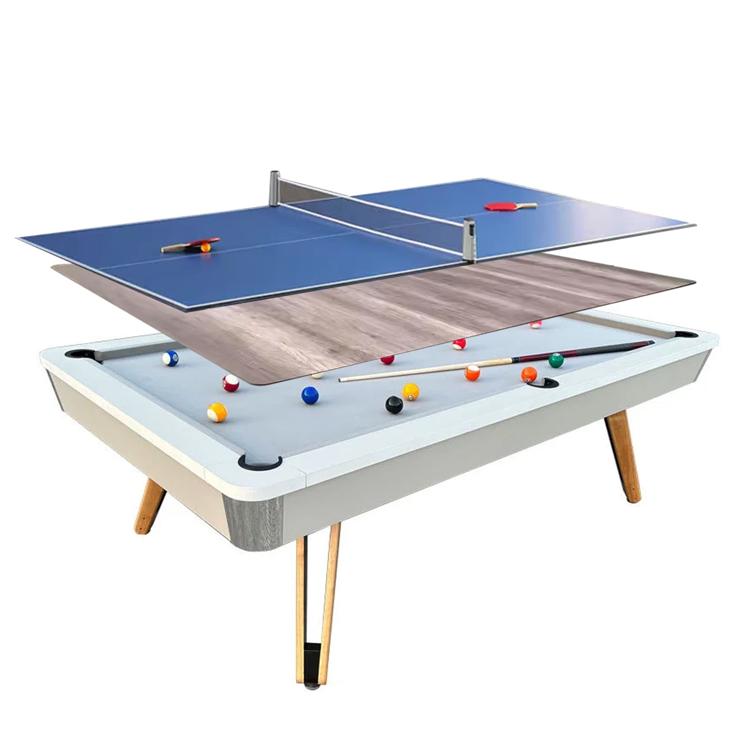 7-ft 3 IN 1 Professional Billiard Pool Tables with Full Accessory Pool Table with Table Tennis Top - White with Grey Felt