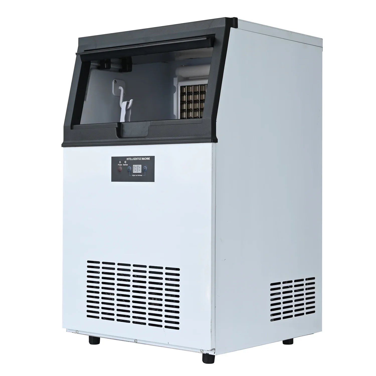 Integrated Ice Maker Machine, 100-110KGS/24H Stainless Steel Under Counter ice Machine with 15KGS Ice Storage Capacity, Freestanding Ice Maker