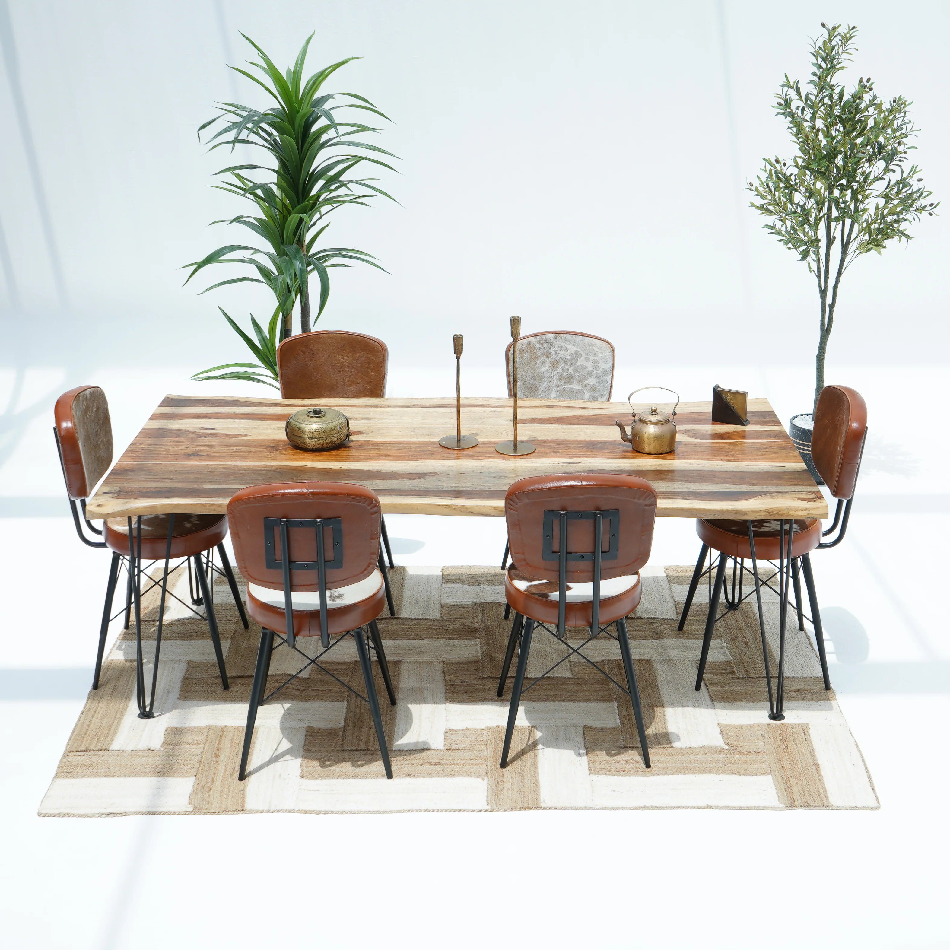 Premium Rosewood Dining Table - Solid Wood Tabletop with Sleek Metal Legs
