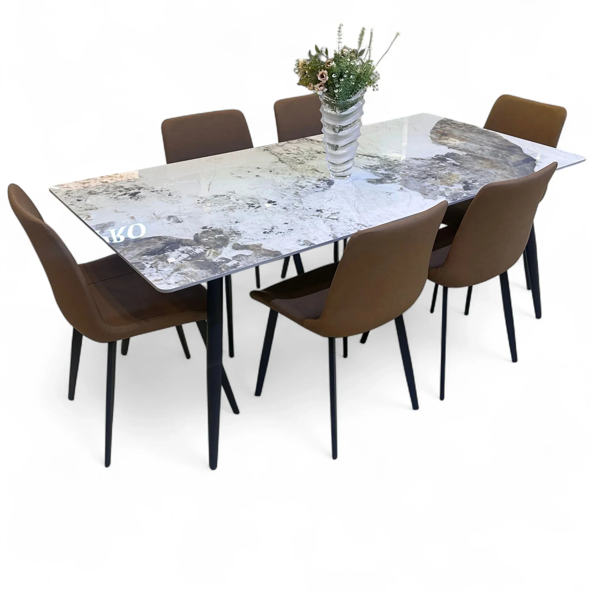 Modern 6 Seater Dining Table Set With Marble Top (Brown)