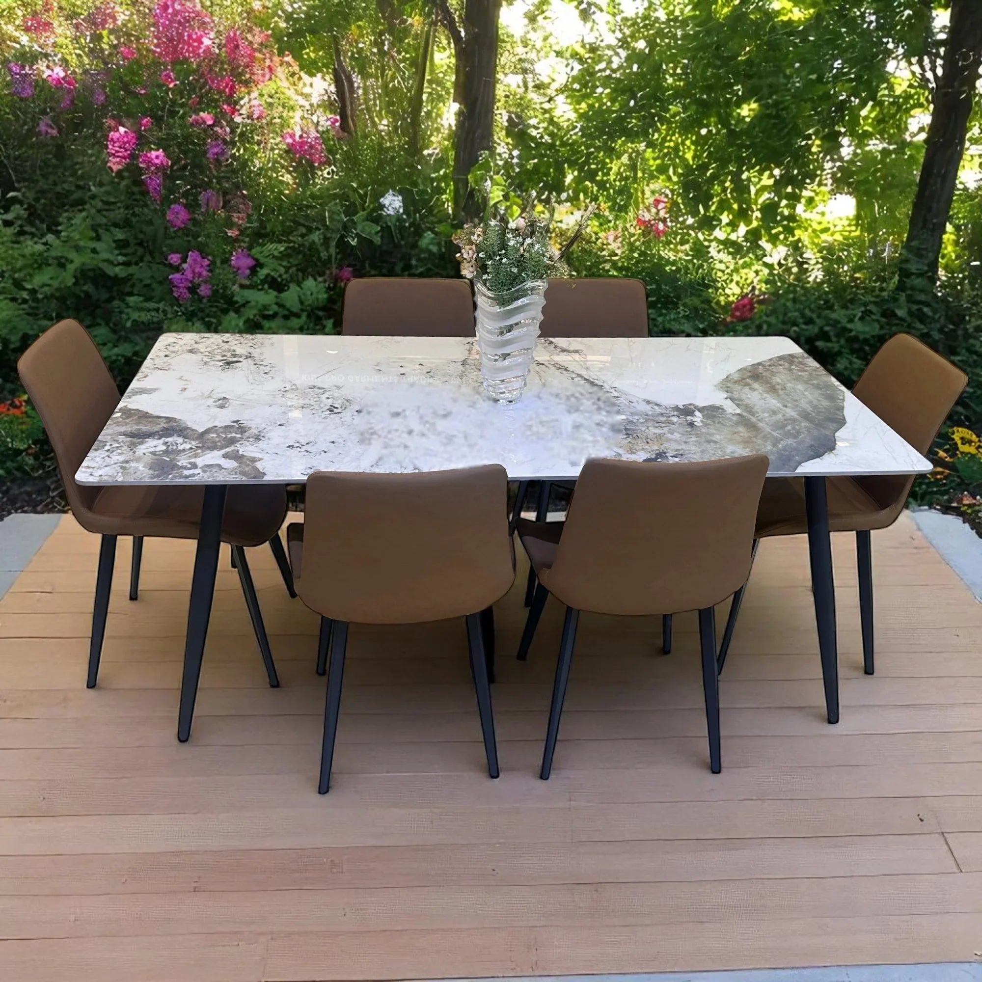 Modern 6 Seater Dining Table Set With Marble Top (Brown)