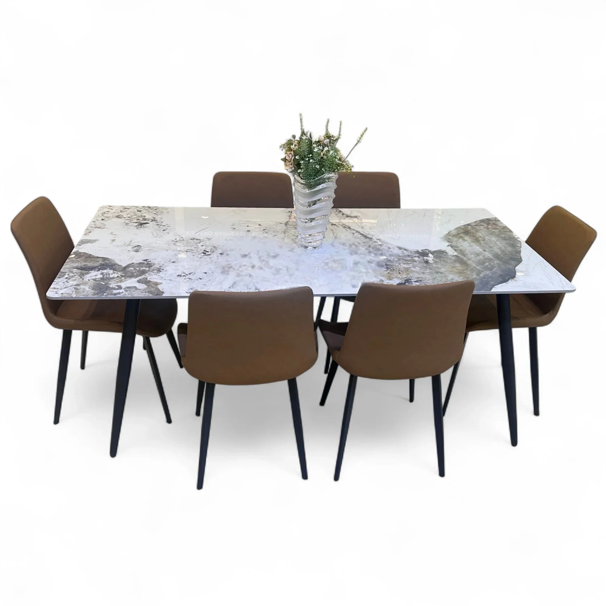 Modern 6 Seater Dining Table Set With Marble Top (Brown)