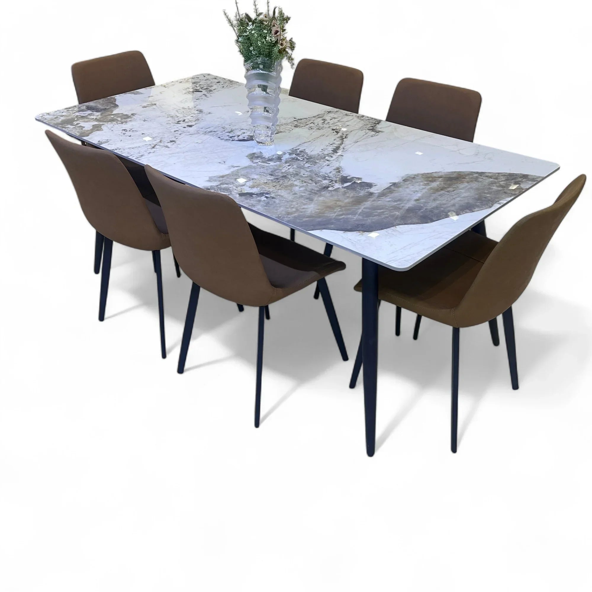 Modern 6 Seater Dining Table Set With Marble Top (Brown)