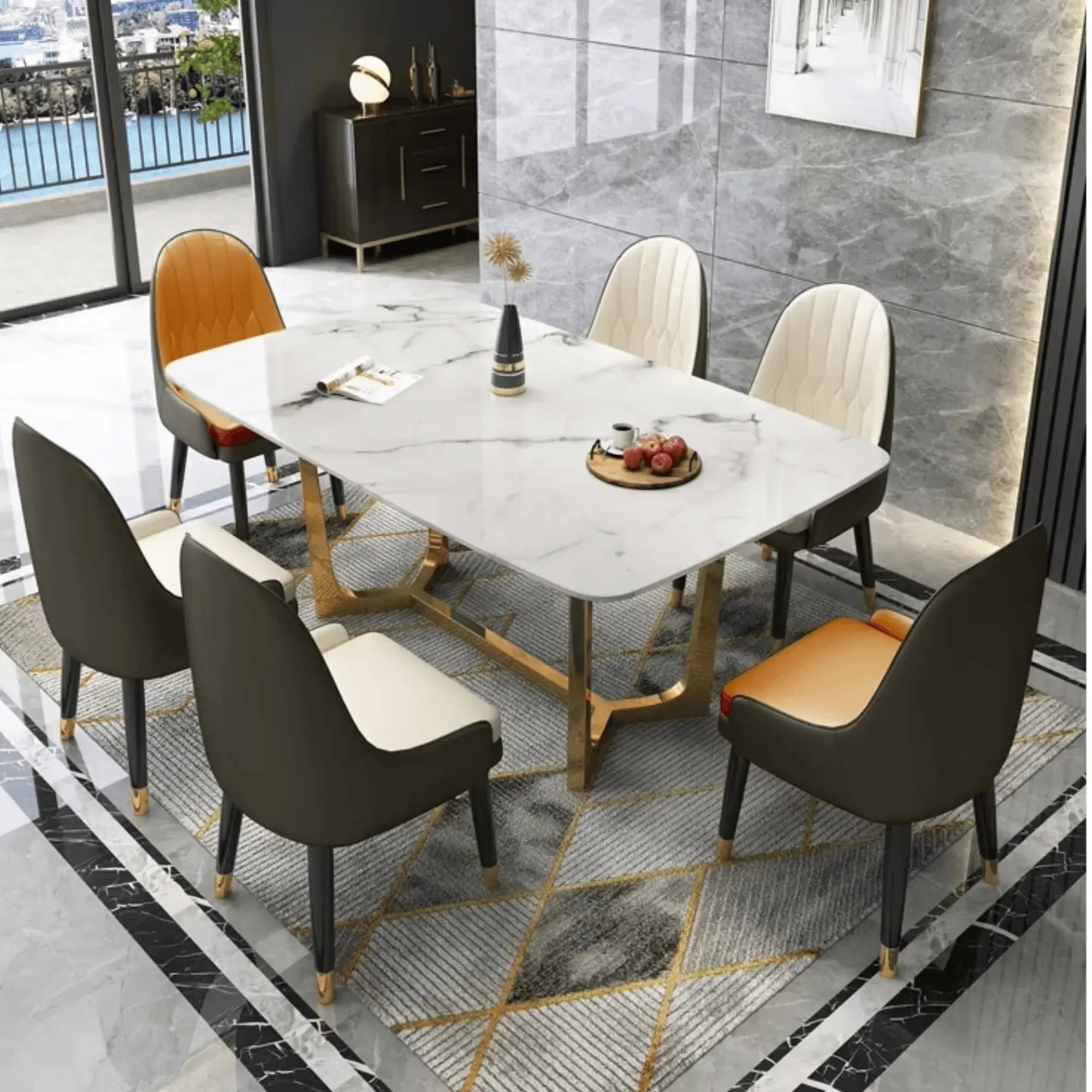 Luxury Marble Top Dining Table Elegant Golden Stainless Steel Base