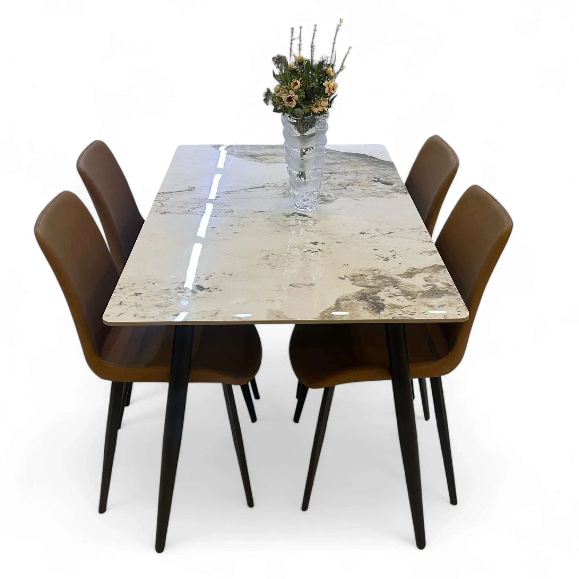 Elegance Modern 4 Seater Dining Table Set With Marble Top (Brown)