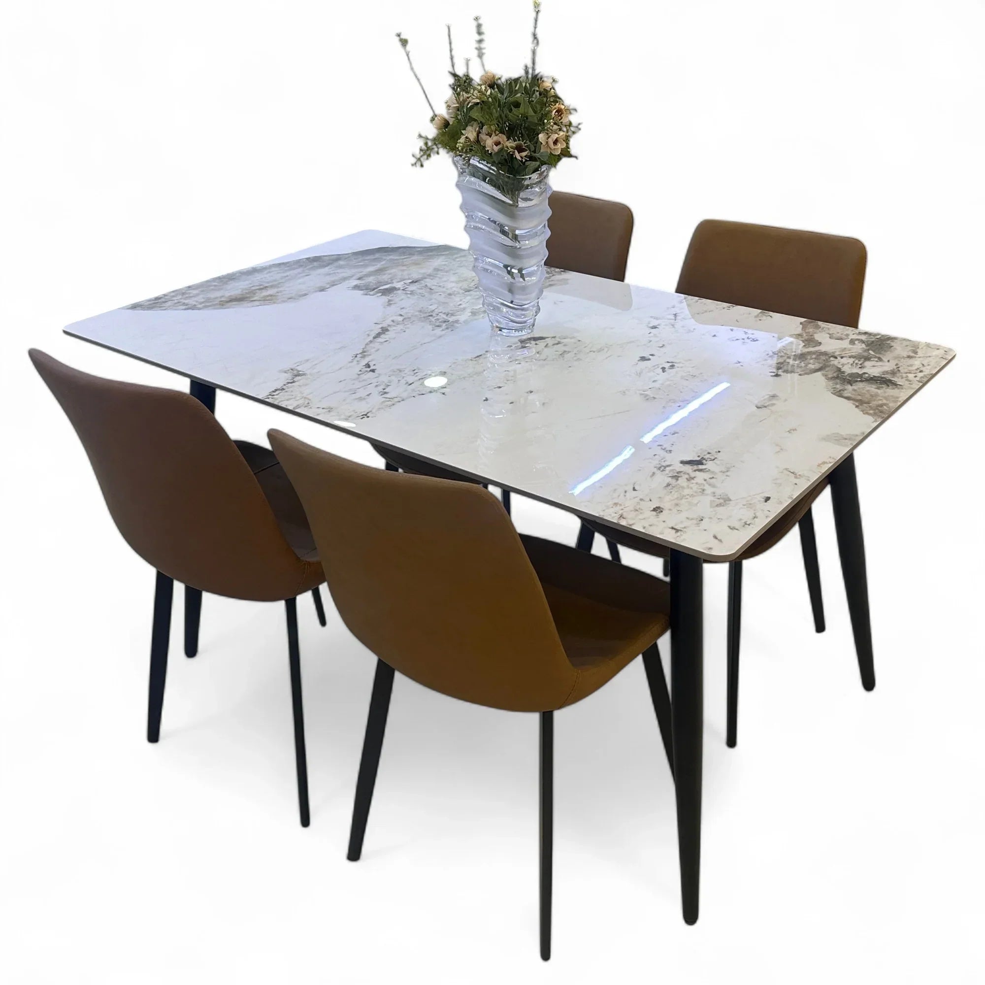 Elegance Modern 4 Seater Dining Table Set With Marble Top (Brown)