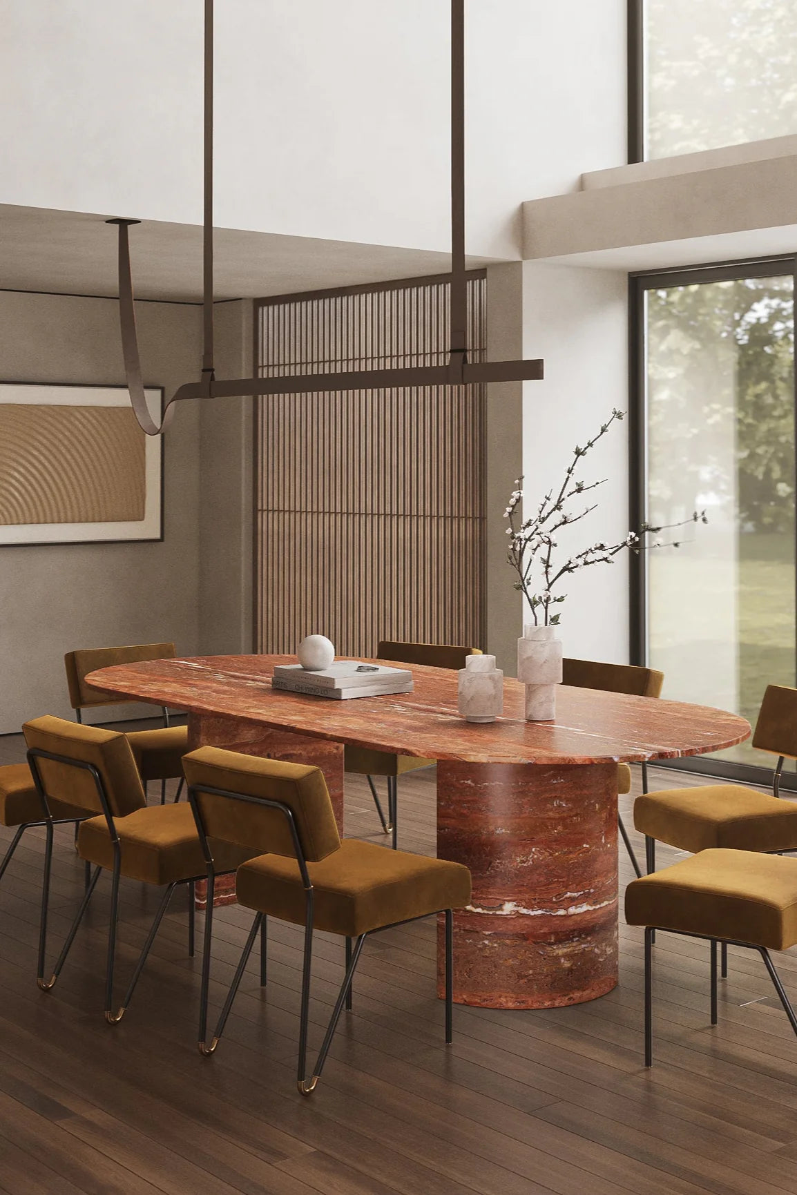 Luxury Natural Red Travertine Marble Dining Table with Half Moon Legs