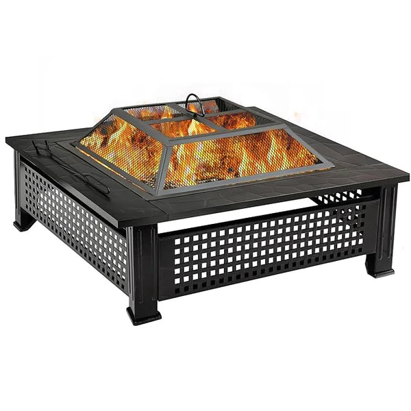 Garden Fire Pit Charcoal BBQ Table Outside Wood Burning Heater Square Stove Black