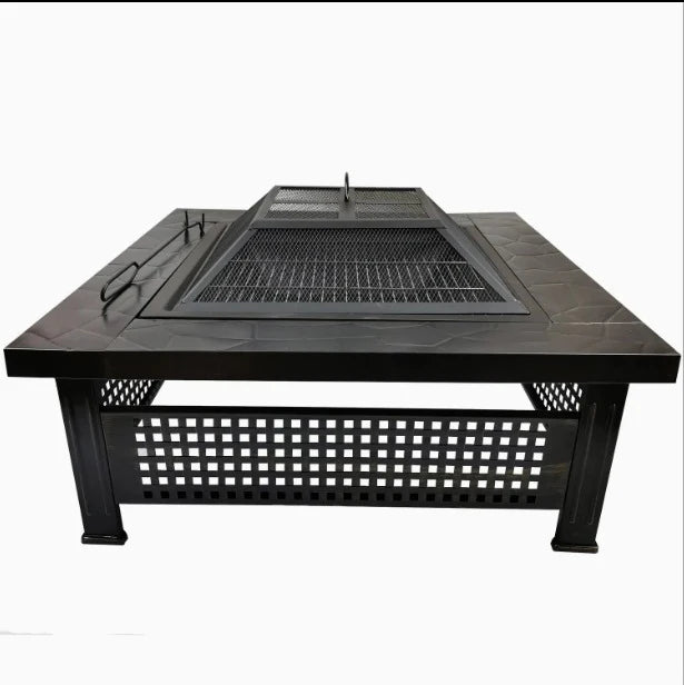 Garden Fire Pit Charcoal BBQ Table Outside Wood Burning Heater Square Stove Black