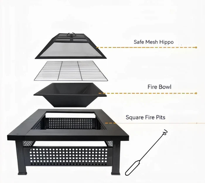Garden Fire Pit Charcoal BBQ Table Outside Wood Burning Heater Square Stove Black