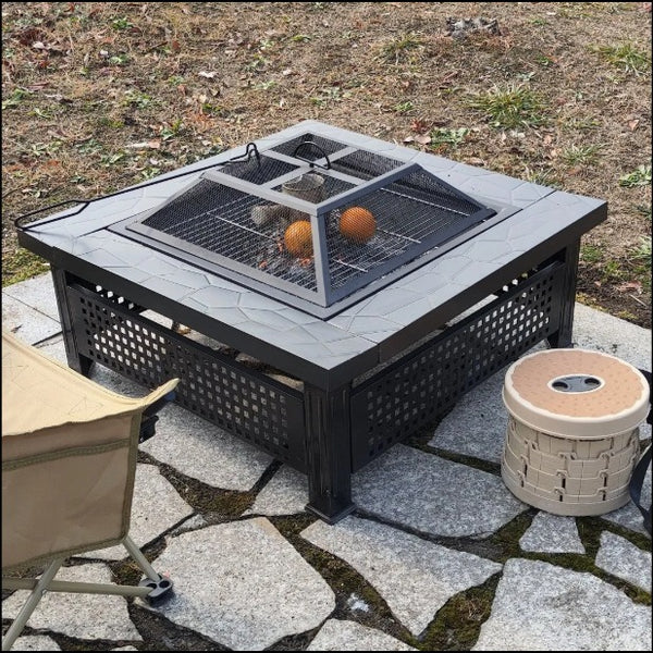 Garden Fire Pit Charcoal BBQ Table Outside Wood Burning Heater Square Stove Black