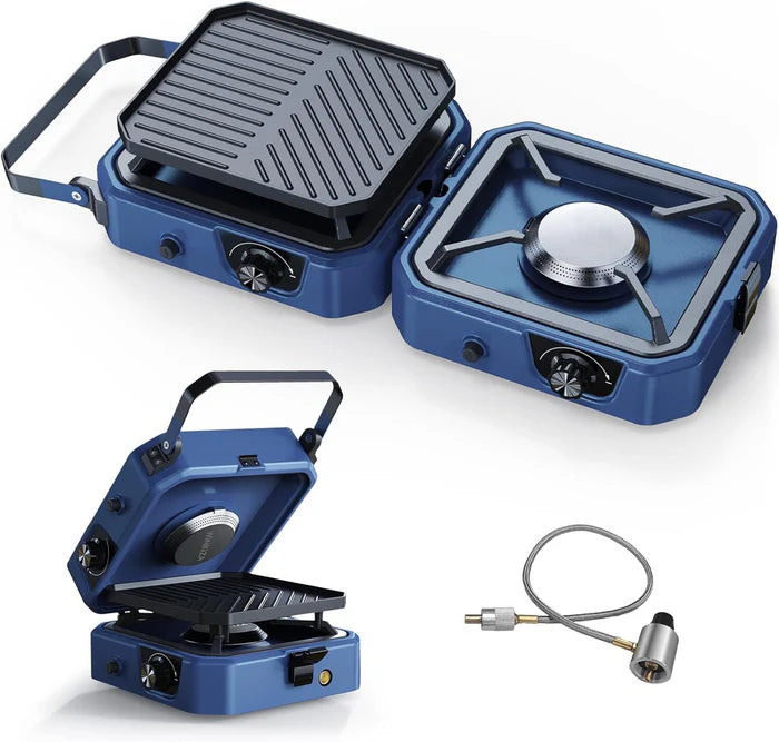Folding Camping Stove, 2 Burner Propane Stove, Outdoor Gas Stove With Griddle Pan, Portable Folding Camp Stove with Push-Button Instant Ignition