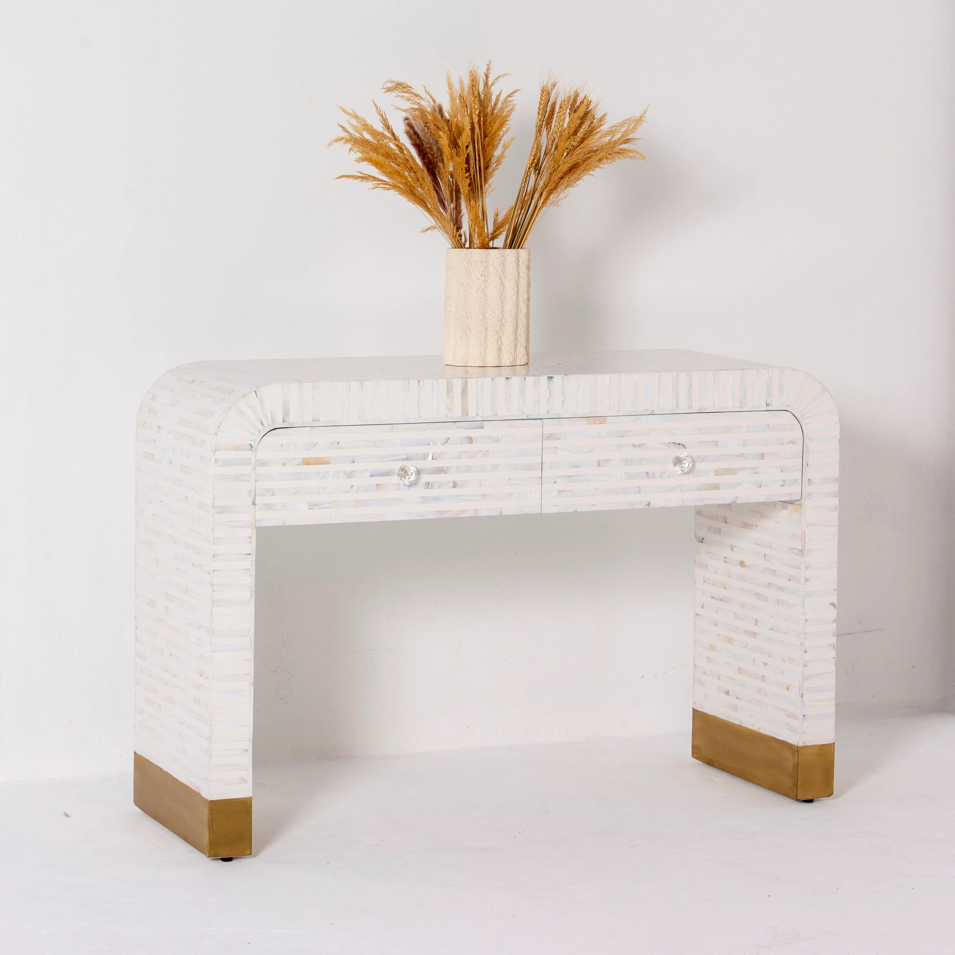 Elegant White Strip MOP With Two Drawer White Console Table