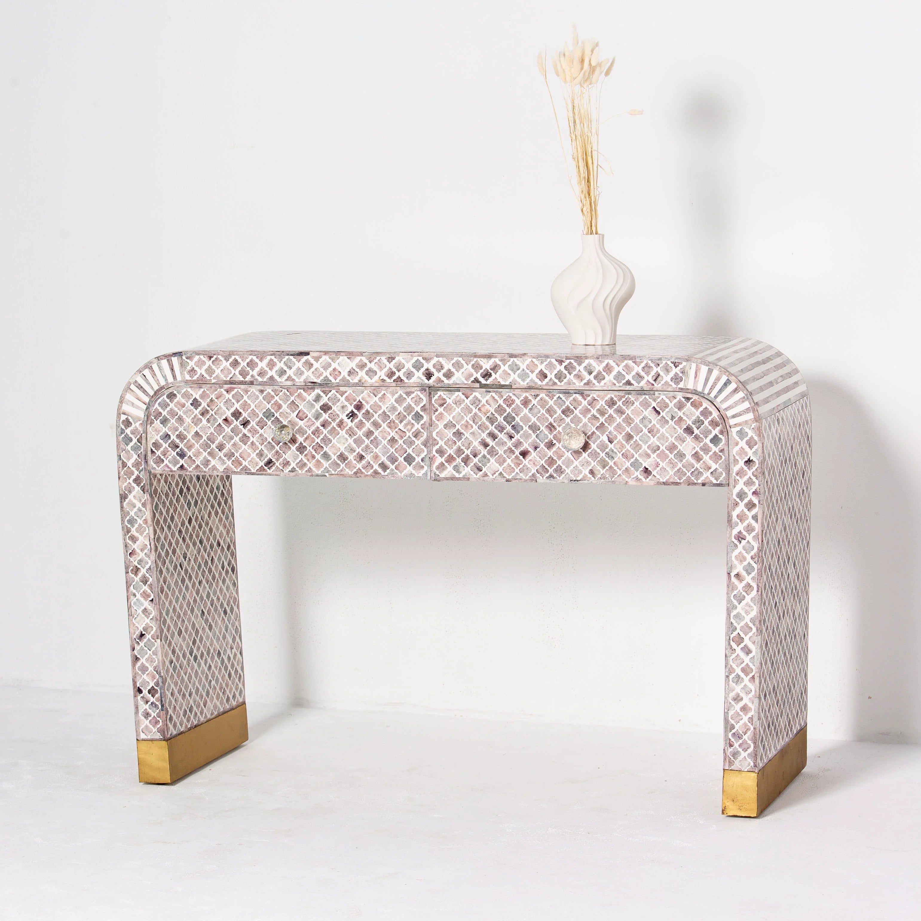 Elegant White Strip MOP With Two Drawer White Console Table