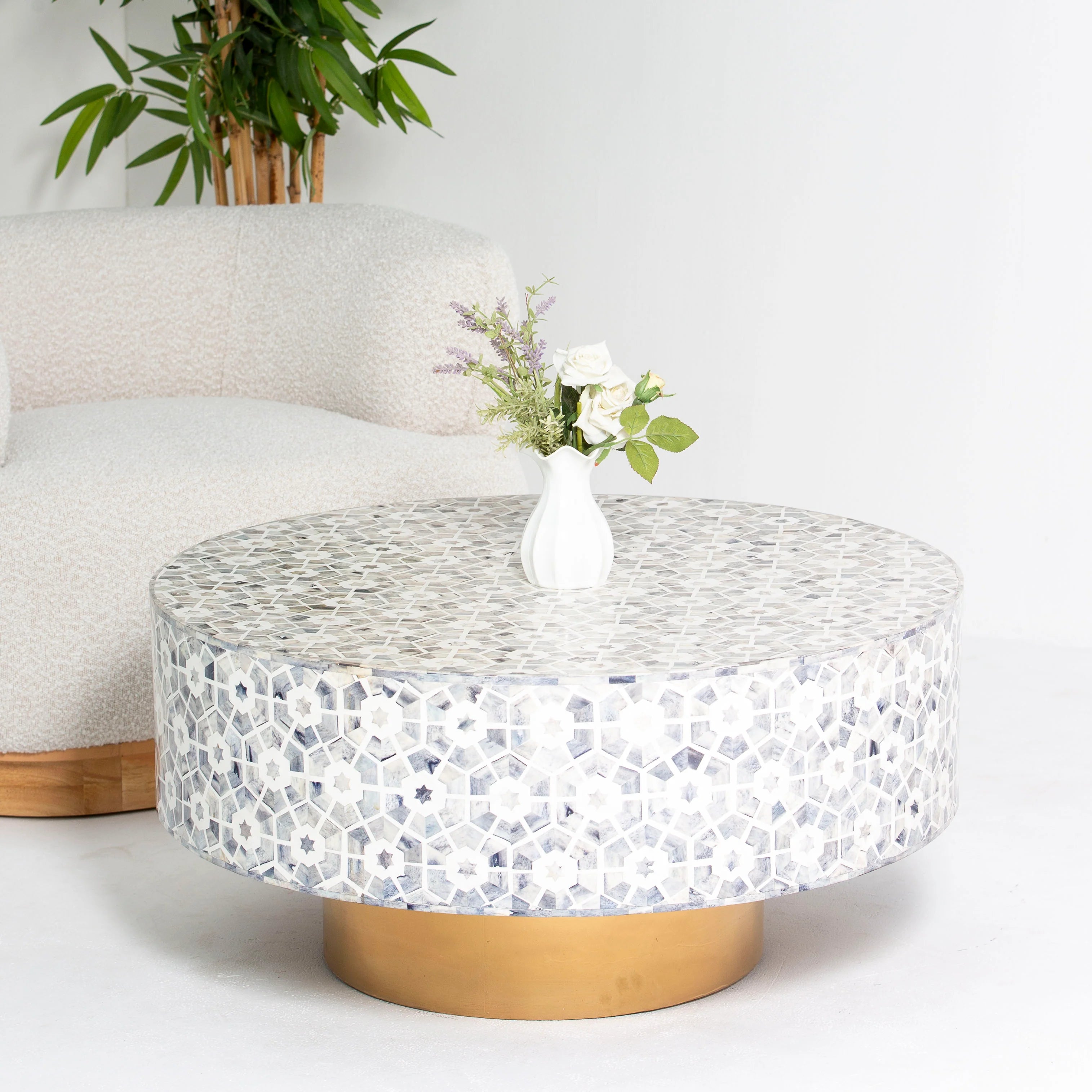 Elegant Handcrafted Bone Inlay Round Coffee Table