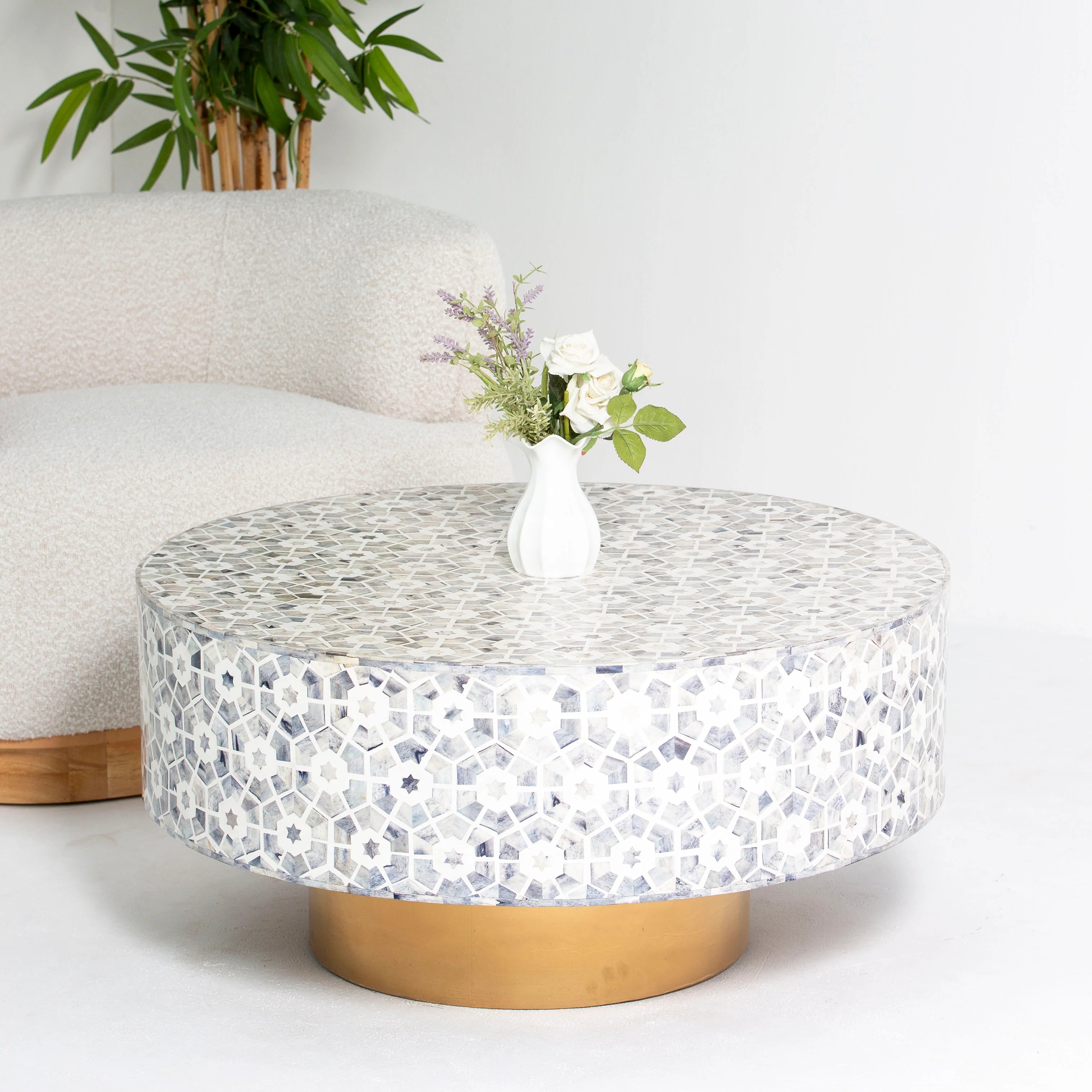 Elegant Handcrafted Bone Inlay Round Coffee Table