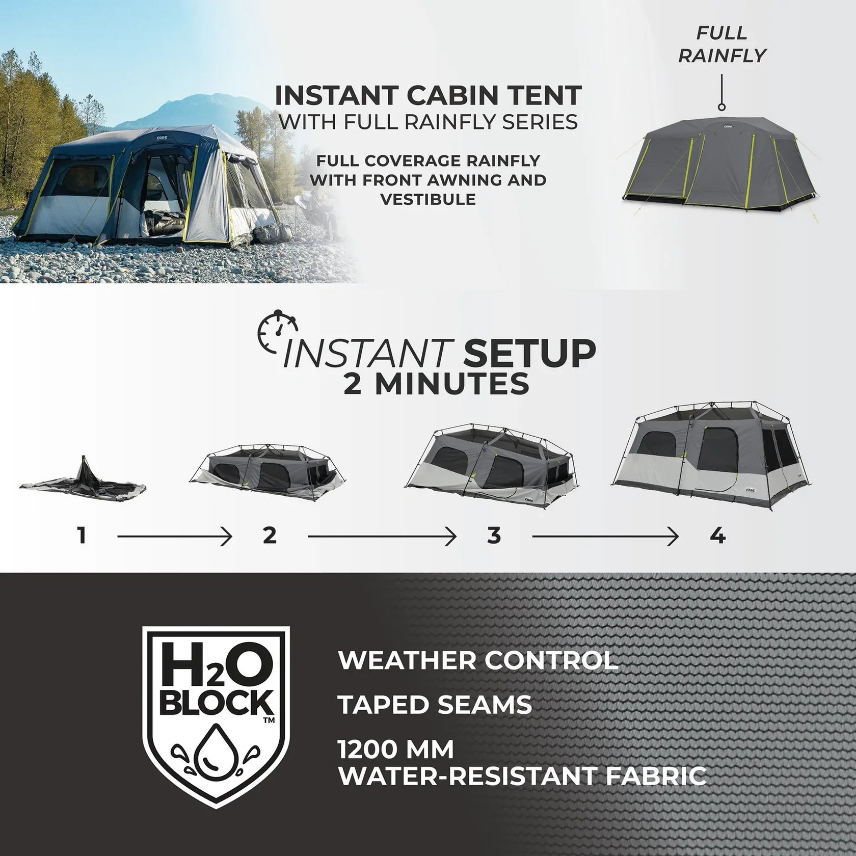 Core 9 Person Instant Cabin Tent with Full Rainfly – 14' x 9'