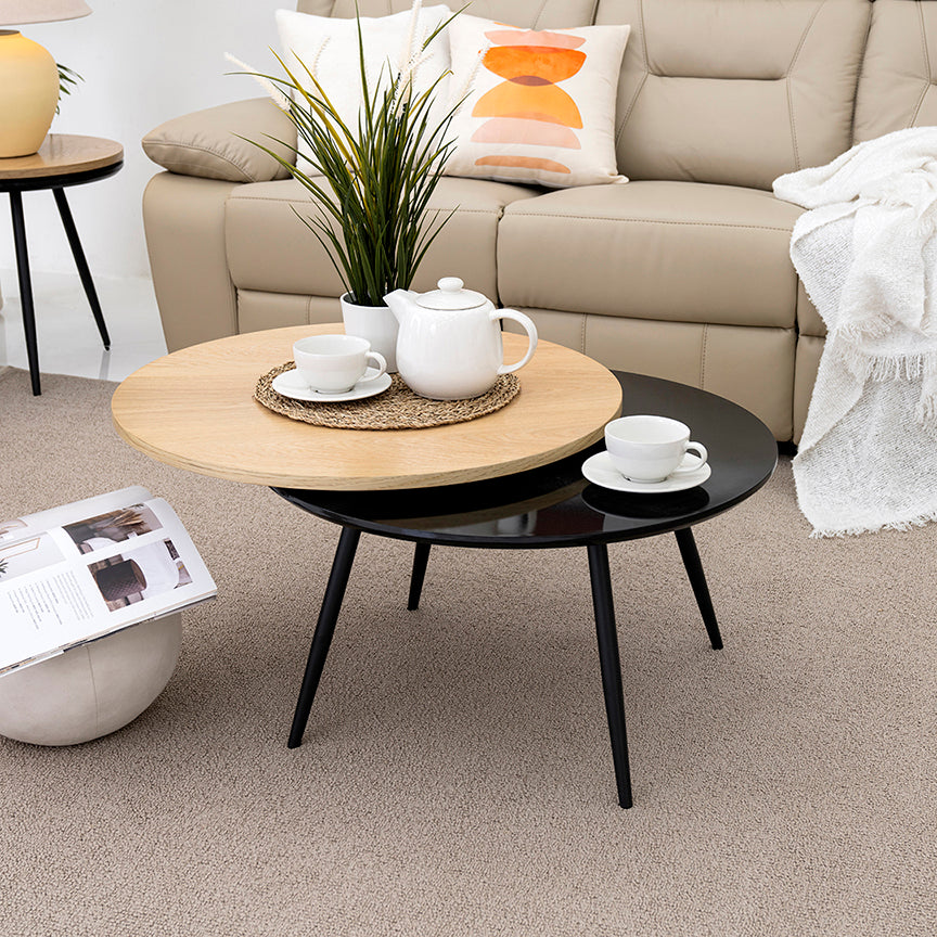 Modern Round Coffee Table with Side Tabletop – MDF & Metal Finish