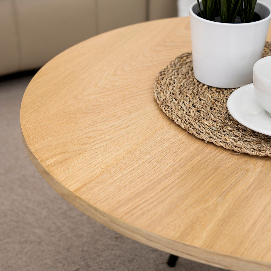 Modern Round Coffee Table with Side Tabletop – MDF & Metal Finish