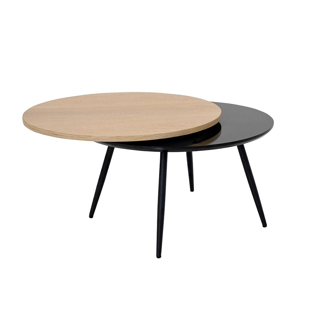 Modern Round Coffee Table with Side Tabletop – MDF & Metal Finish