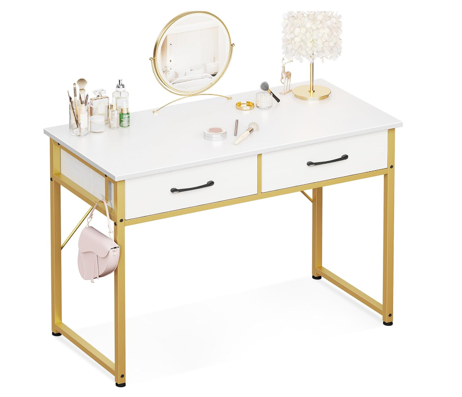Vanity Desk Without Mirror, Makeup Vanity with 2 Fabric Drawers, White With Gold Legs-GCC Home Center