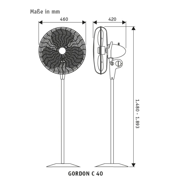 Pedestal Fan, Standing Fan Adjustable Height up to 1893 mm, 3 Speeds